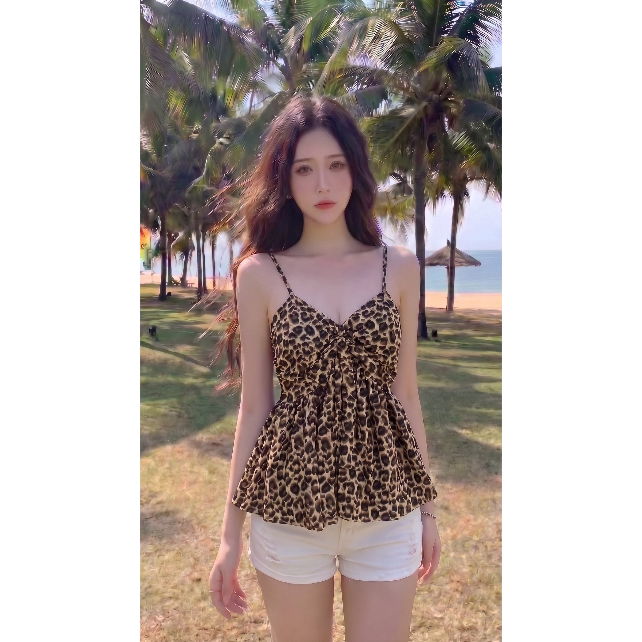 美式辣妹豹纹v领吊带背心女夏季修身镂空露背设计感短款无袖上衣