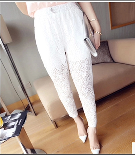 春夏装新款蕾丝长裤薄款勾花镂空休闲裤子女大码显瘦小脚裤铅笔裤
