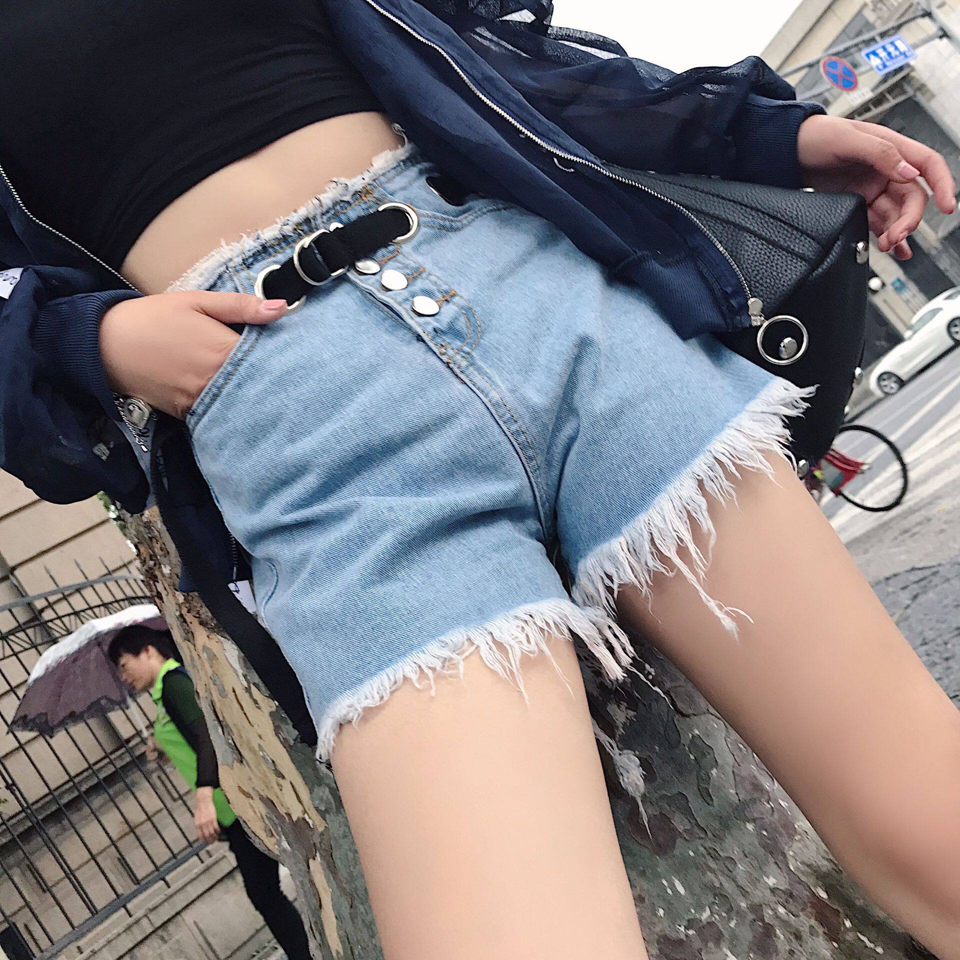 批发2018夏季韩版新款女装阔腿裤短裤毛边高腰水洗女士牛仔裤女