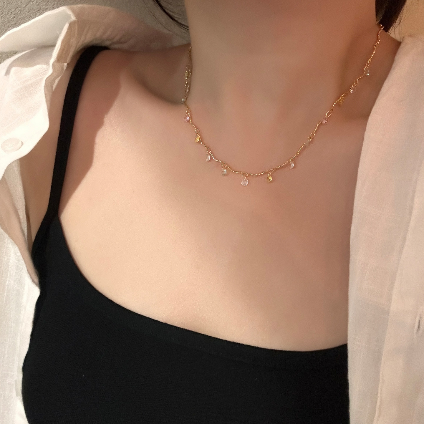 甜美彩色满天星项链精致可爱彩钻小吊坠锁骨链轻奢高级感短款颈链