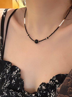 复古小众黑色水晶串珠项链颈链