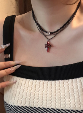 甜酷辣妹黑色串珠红色星芒项链