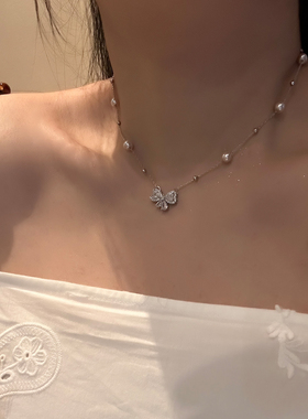 法式轻奢镶钻蝴蝶满天星珍珠项链