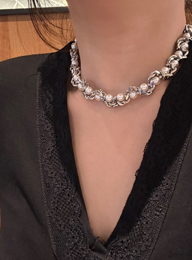 重工不规则链条缠绕珍珠项链颈链