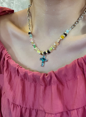 爱心蓝液十字架碎石项链女