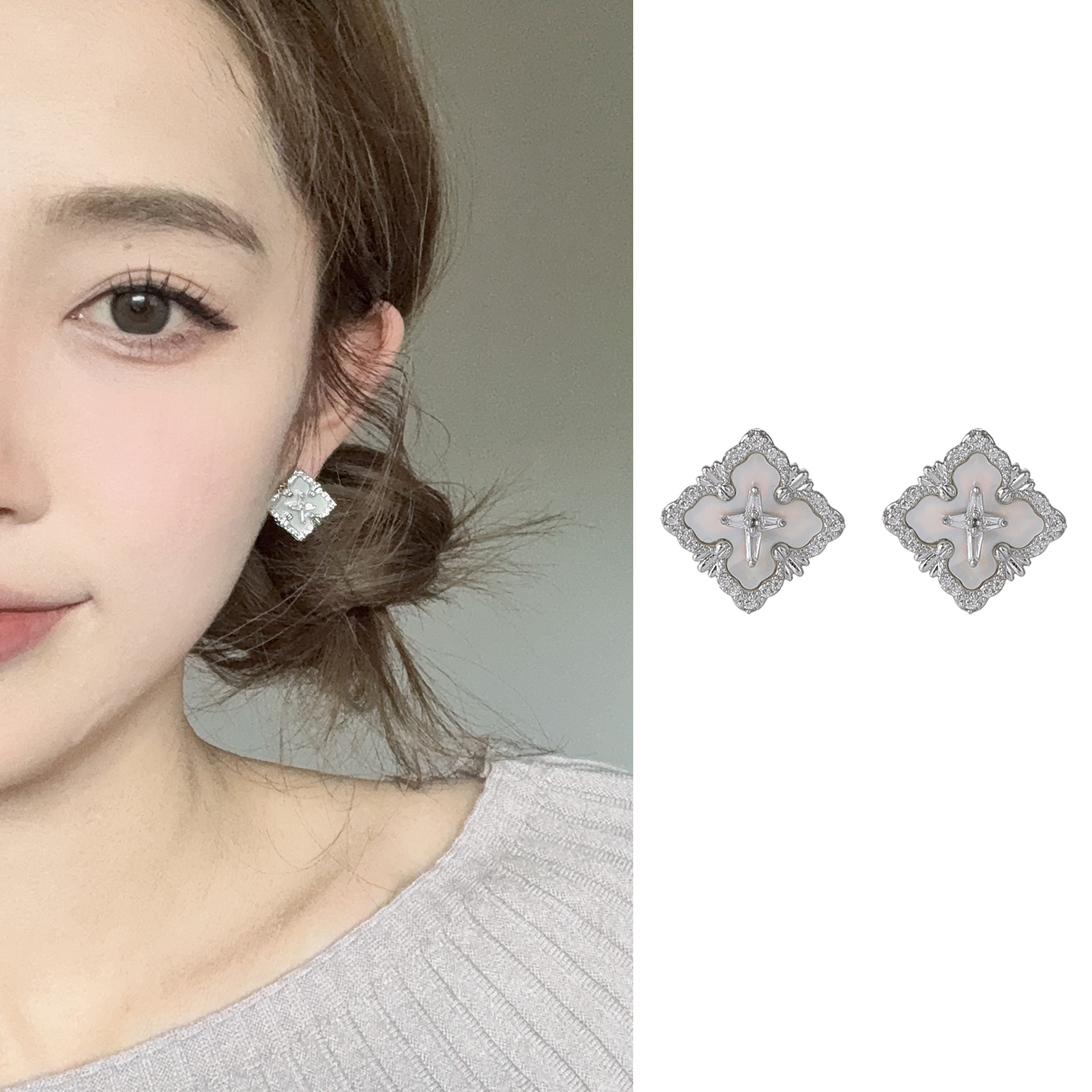 法式复古仿贝母四叶草耳环精致