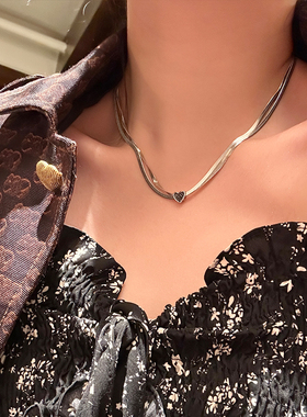 双层钛钢黑色爱心项链