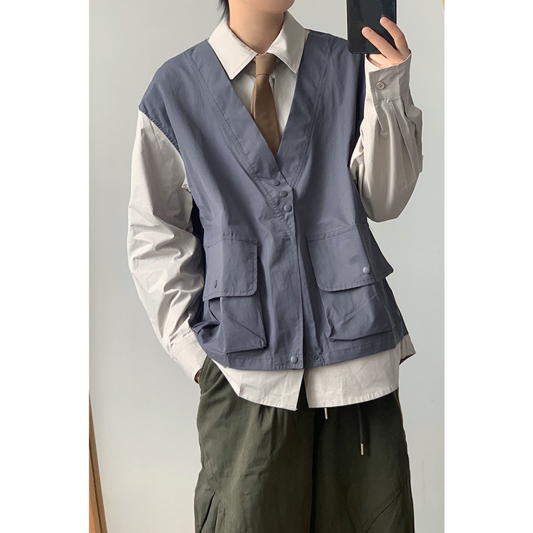 日系复古cityboy复古撞色假两件马甲长袖衬衫男女秋季工装衬衣服