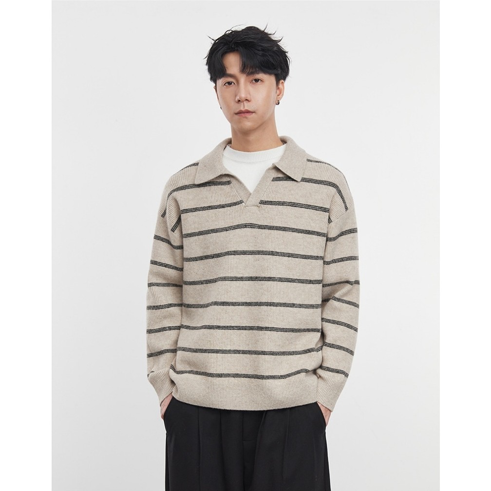 假两件长袖条纹翻领毛衣男士秋冬季保暖复古百搭慵懒风套头针织衫