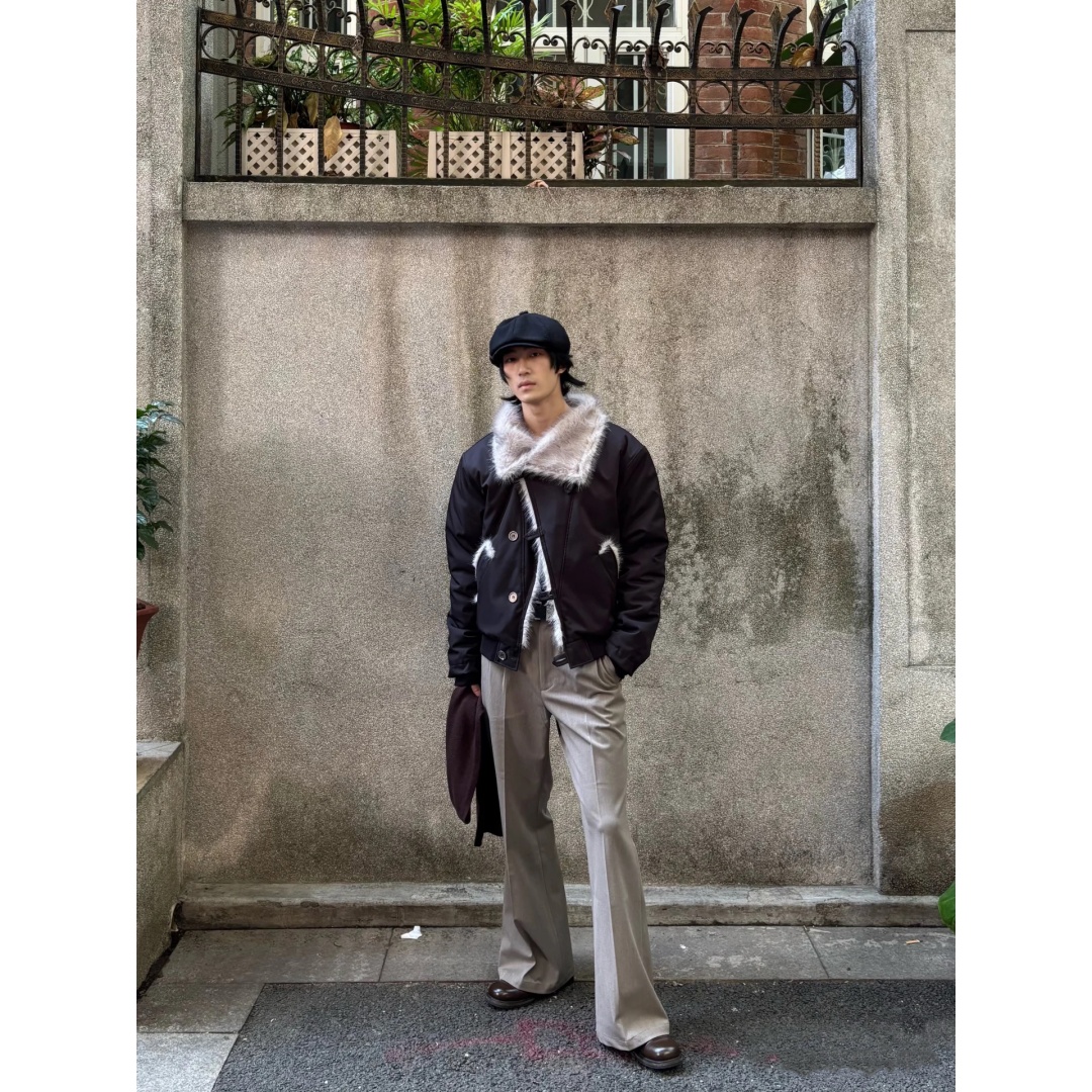 仿貂毛不规则交襟大翻领棉衣秋冬季加厚收腰保暖棉服男bomber外套