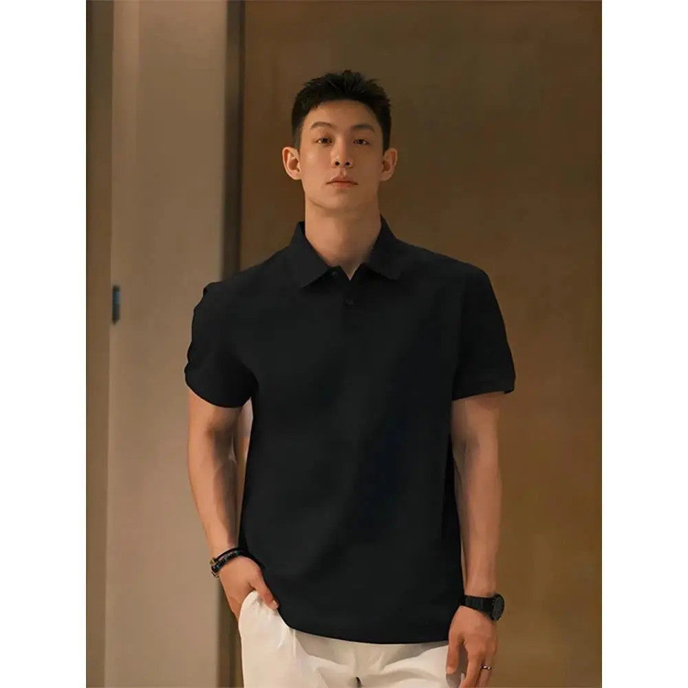 黑色短袖男款polo衫夏季痞帅轻熟风成熟稳重男装重磅翻领正肩t恤