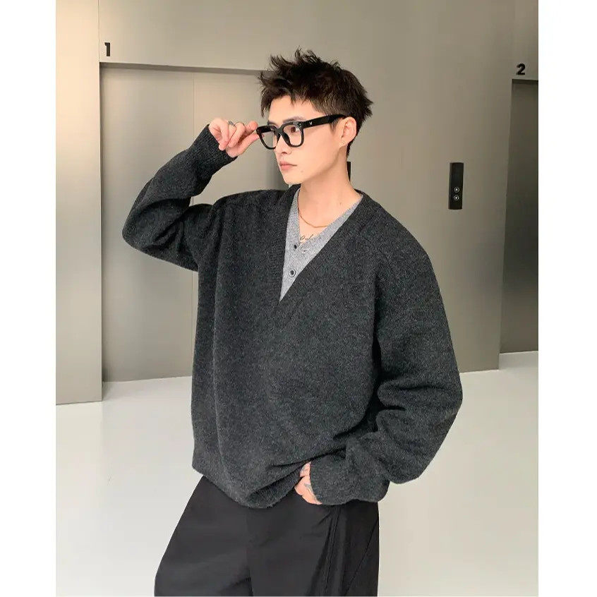 假两件V领重磅毛衣针织衫男秋冬cleanfit老钱风宽松痞帅保暖线衣