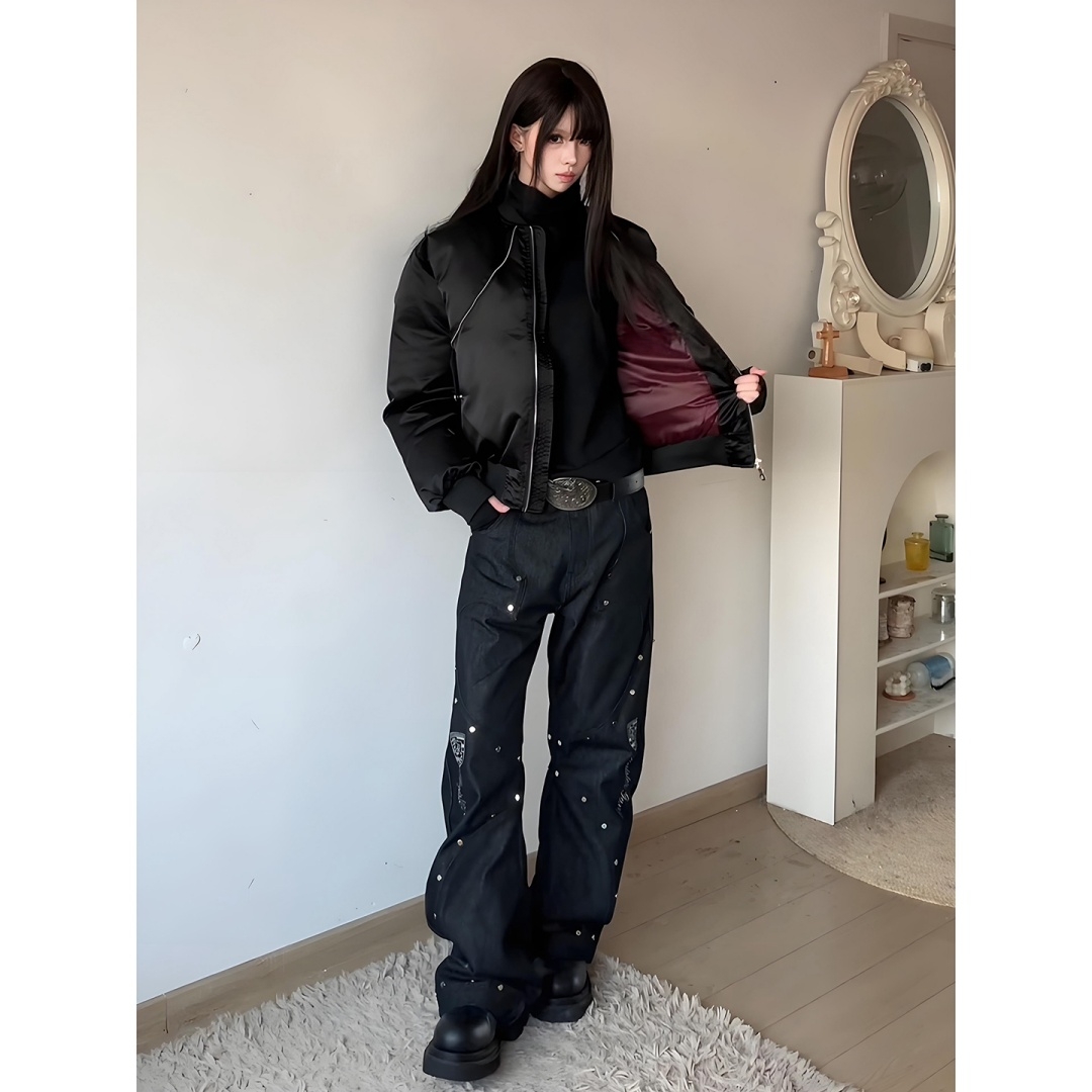 雅奢红内拉链bomber棉服男款秋冬夹棉加厚飞行夹克美式棒球服外套