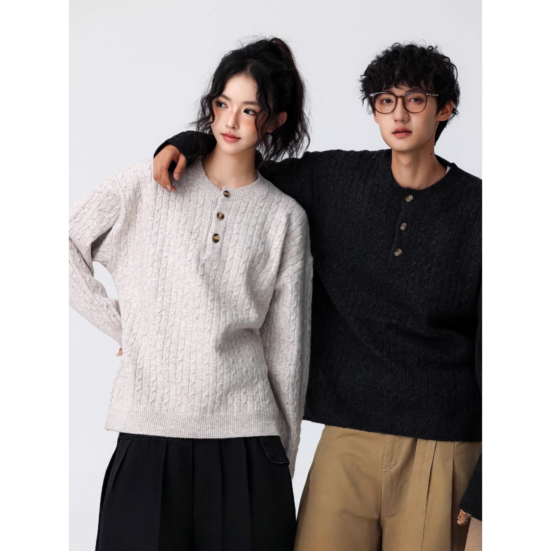 秋冬季复古百搭亨利领套头毛衣男女老钱风宽松慵懒麻花针织衫外套