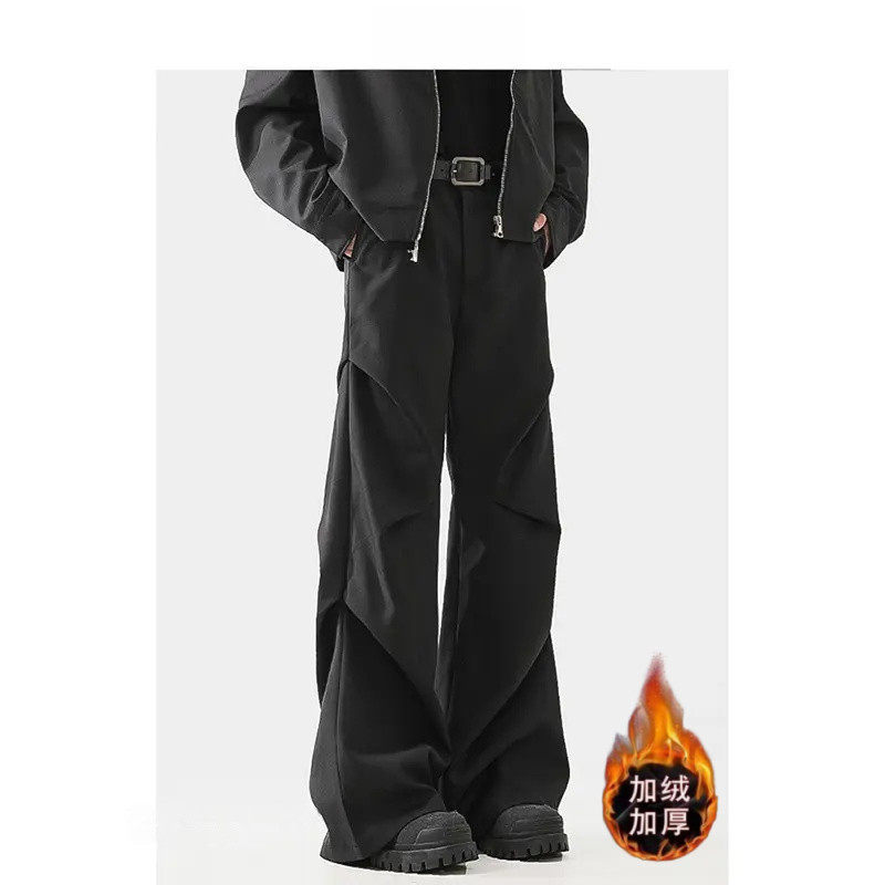 秋冬季加绒美式复古立体褶皱设计西装裤小众高街阔腿休闲裤潮男款