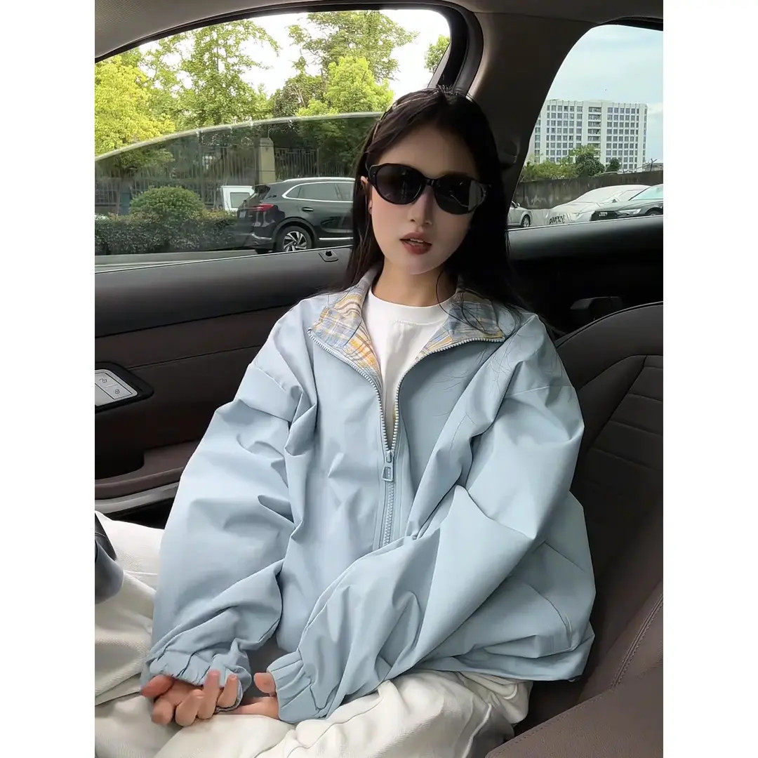 浅蓝色格子拼接外套男女夏季轻薄款设计感翻领情侣防晒衣美式夹克