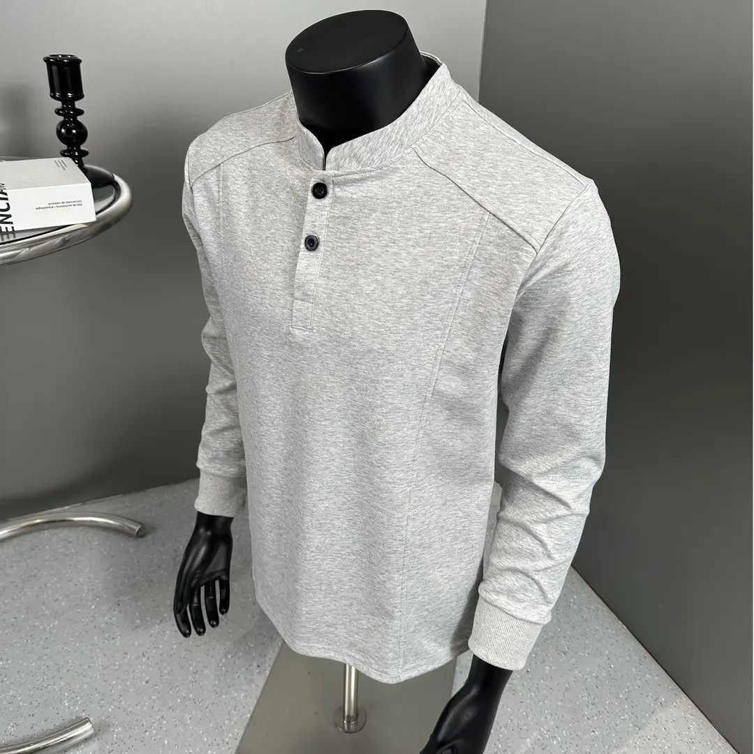 黑色亨利领长袖T恤男春秋季新款打底衫老钱风痞帅慵懒风体恤卫衣