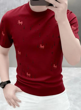 高档刺绣圆领烫钻短袖T恤男士夏季时尚潮流半袖体恤上衣男装A641