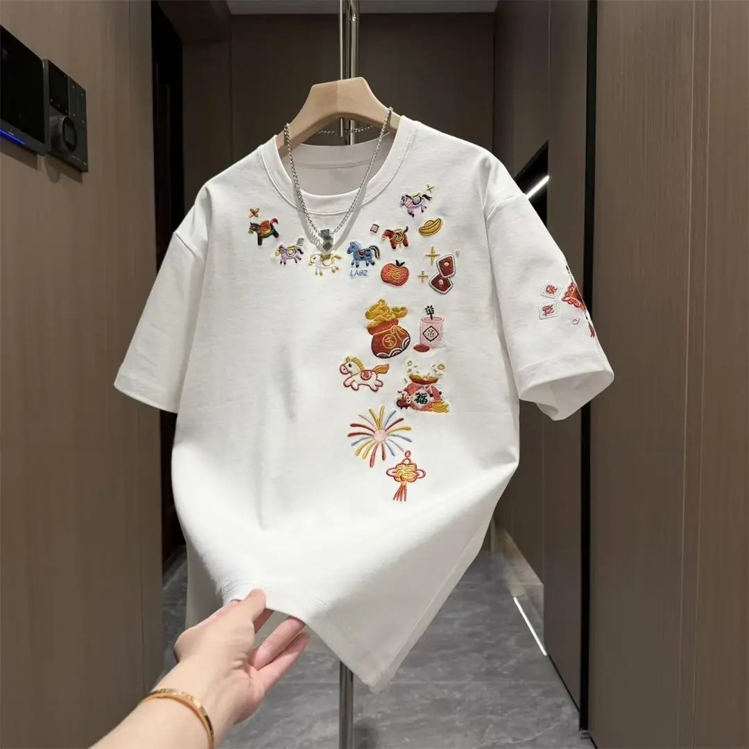 夏季圆领刺绣百搭痞帅男士美式休闲短袖宽松新款T恤潮