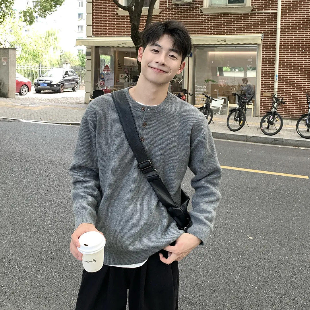 灰色亨利领加厚毛衣内搭男生秋冬季保暖慵懒风宽松高级感针织衫潮