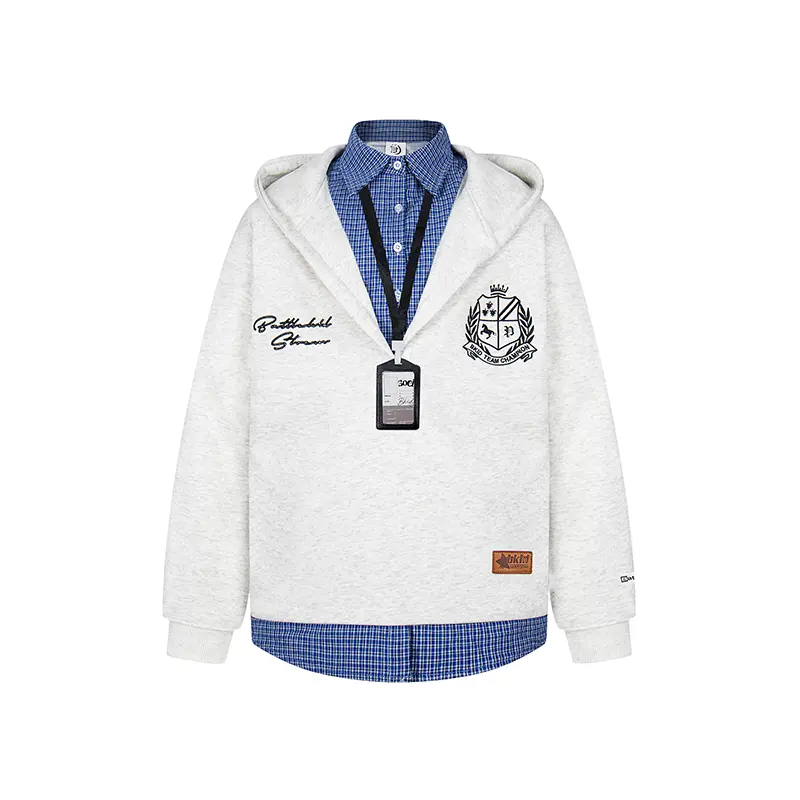 美式复古学院风假两件格子衬衫拼接连帽卫衣男女情侣百搭外套