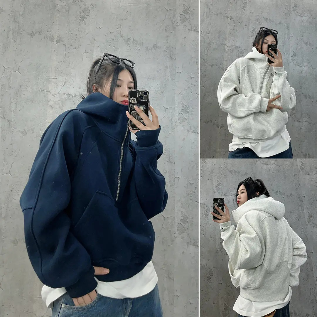 cleanfit复古美式解构半套头短款拼接骑行卫衣帽衫男女988