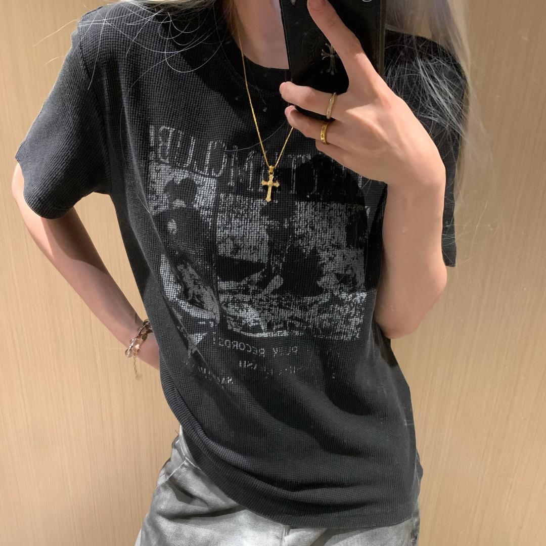 夏季薄款脏染华夫格做旧水洗印花短袖T恤男女宽松休闲上衣