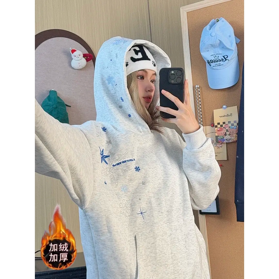 美式复古连体雪花刺绣设计连帽卫衣男女秋冬季加绒保暖宽松上衣