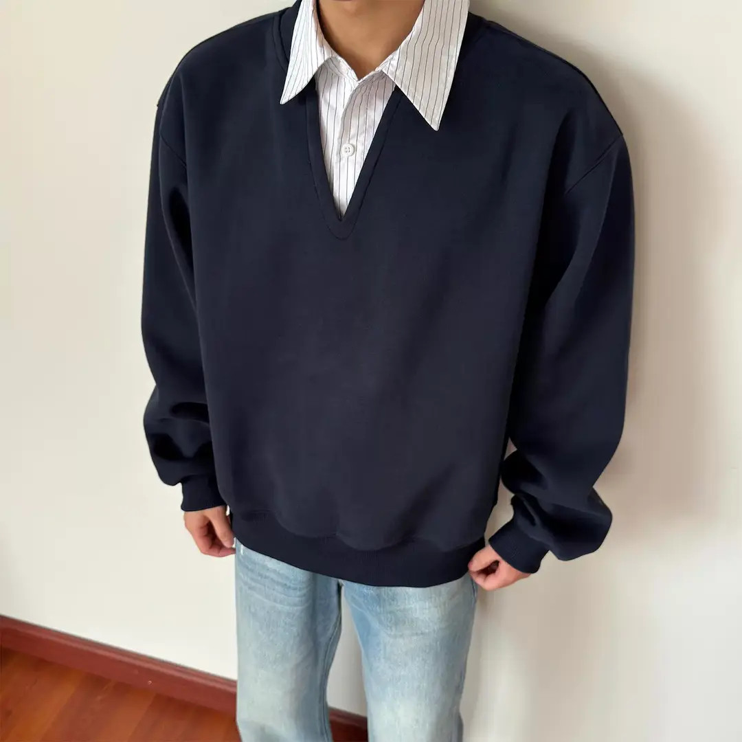2025新款秋季美式假两件叠穿卫衣男女宽松慵懒风显高套头上衣W384
