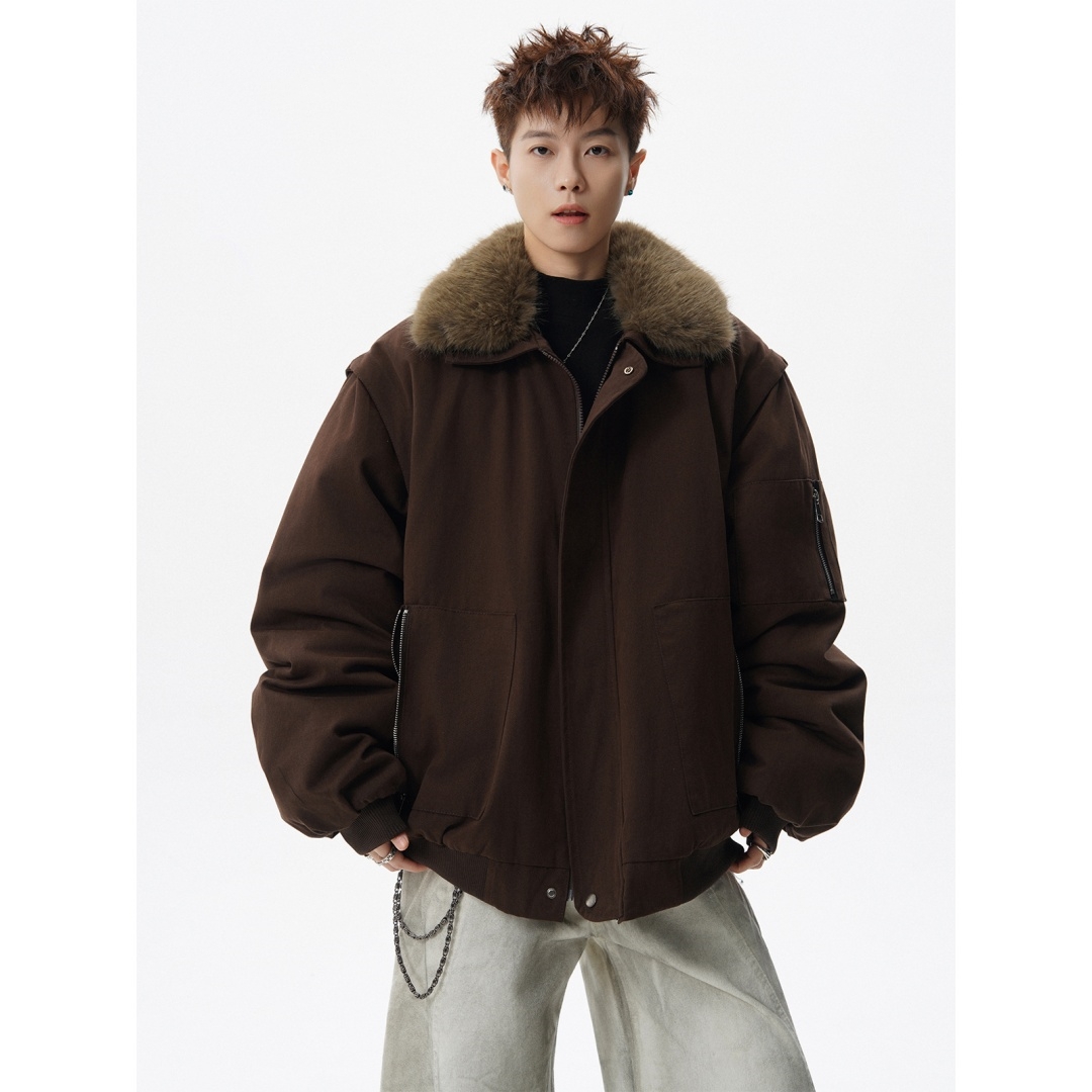 美式复古毛领棉衣男冬季潮牌加厚工装保暖外套设计感百搭情侣棉服