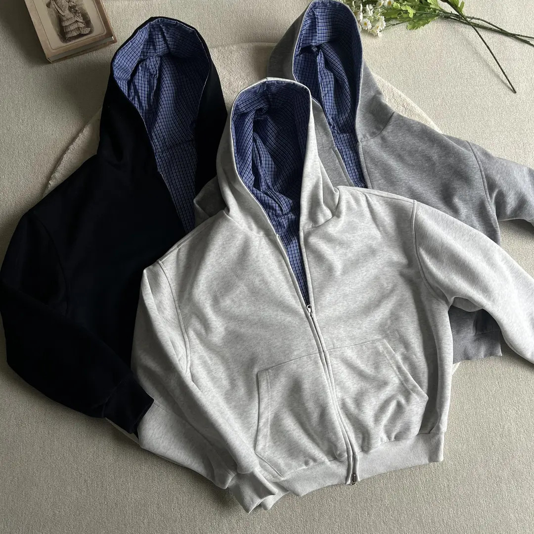 秋季双面穿miu系皇家蓝格纹拉链卫衣短宽百搭开衫外套cleanfit