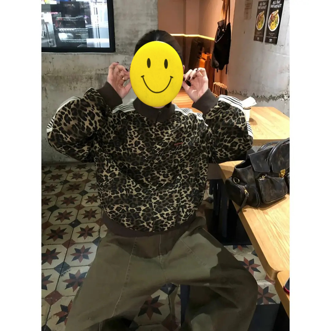 韩国东大门早秋复古美式高街运动风百搭豹纹高领卫衣男款休闲外套