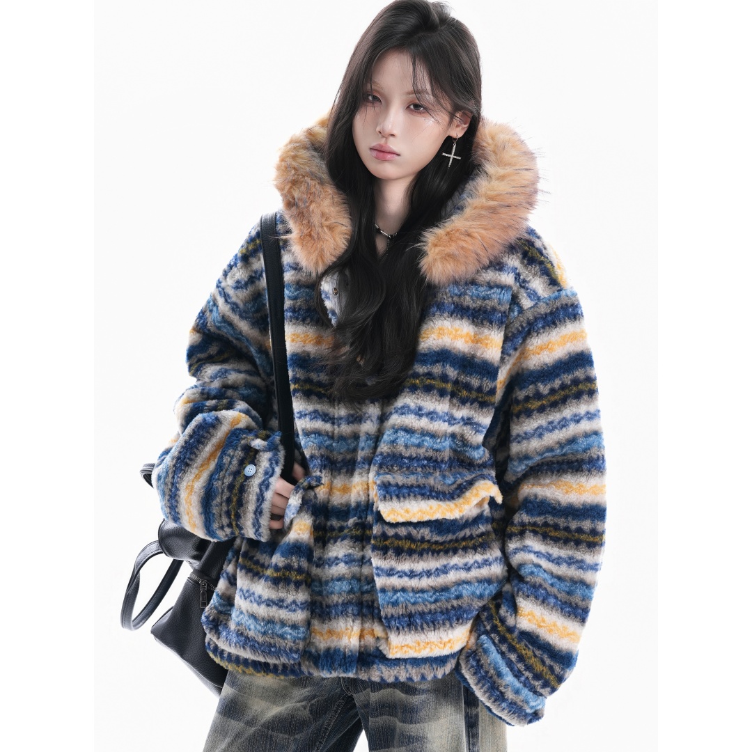 美式复古条纹可拆卸毛领连帽棉服外套男女冬季加厚保暖大口袋棉衣