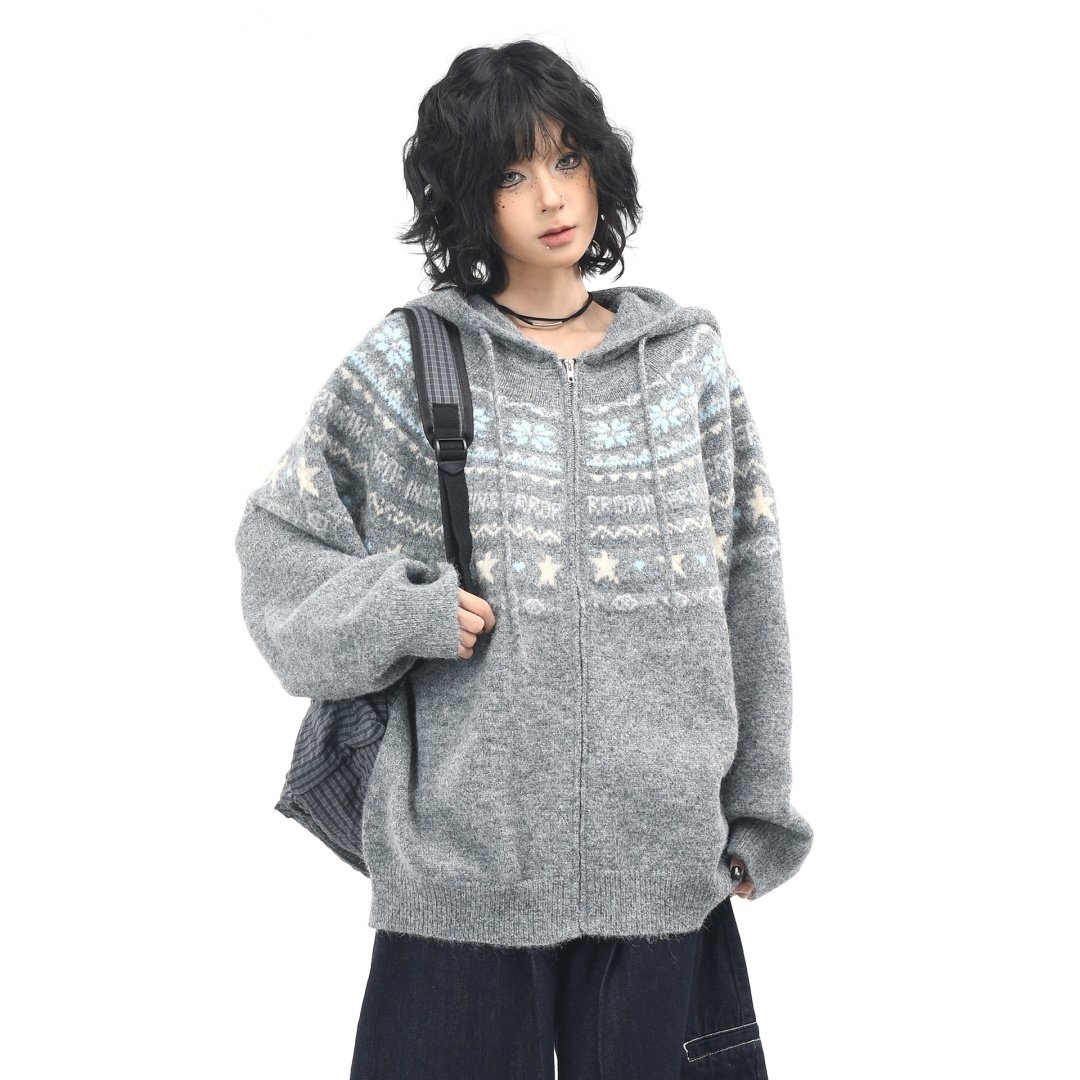 复古费尔岛针织衫男女开衫外套秋冬季慵懒风星星雪花撞色连帽毛衣