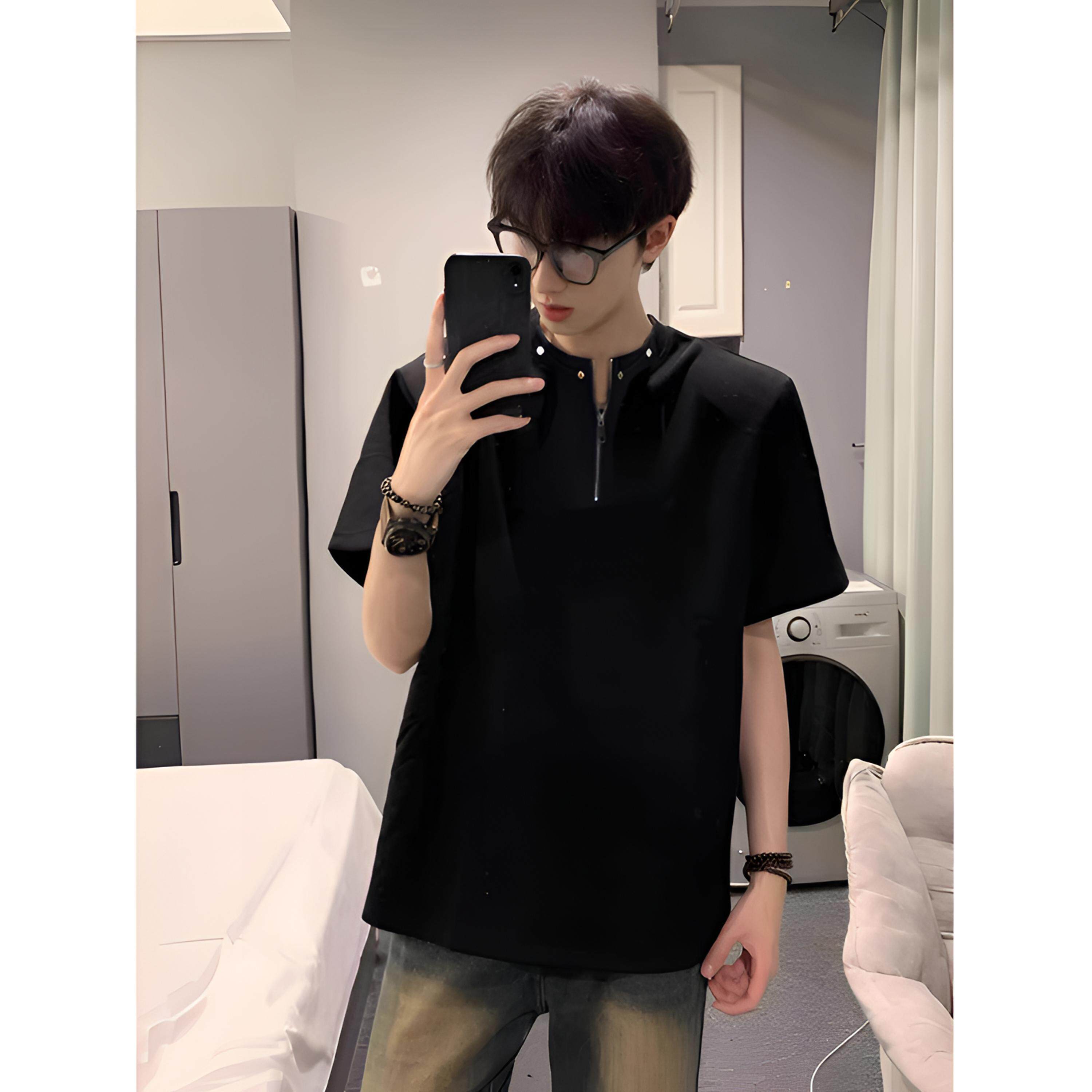 高级感半拉链垫肩t恤男铆钉设计感重磅短袖美式高街cleanfit半袖