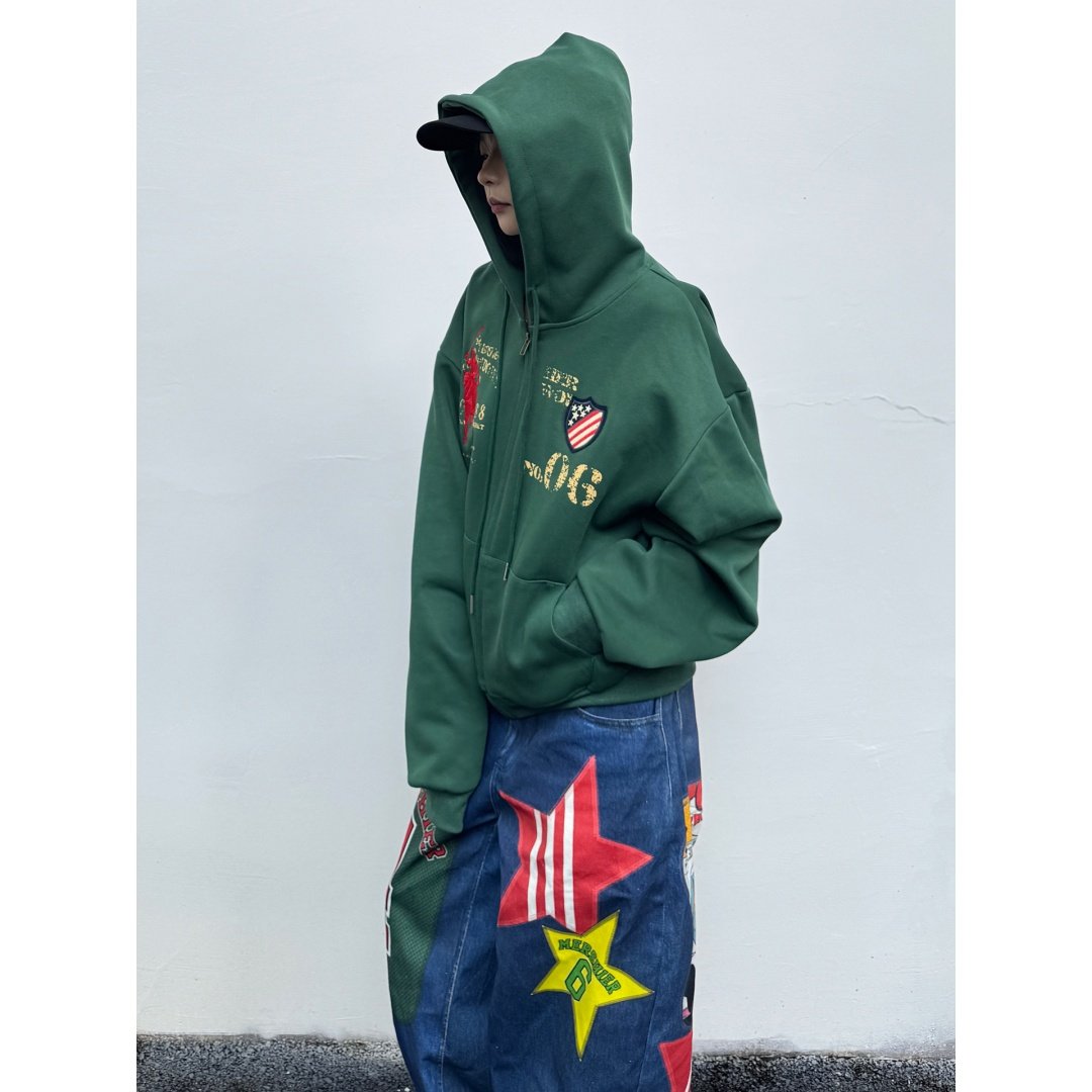 美式复古设计感字母刺绣印花连帽卫衣男女潮重磅宽松百搭帽衫外套