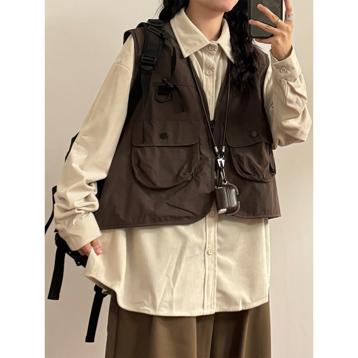 复古山系纯色百搭叠穿马甲工装短款背心多口袋机能设计感上衣男女