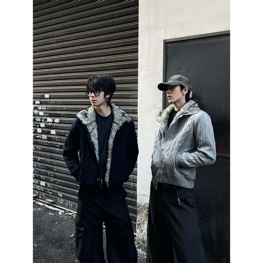 美式复古座山雕立领毛衣男款冬季加绒加厚保暖毛领针织衫开衫外套