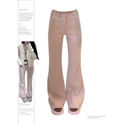 粉色高腰休闲裤女春秋冬新款宽松阔腿微喇休闲百搭加绒加厚长裤潮