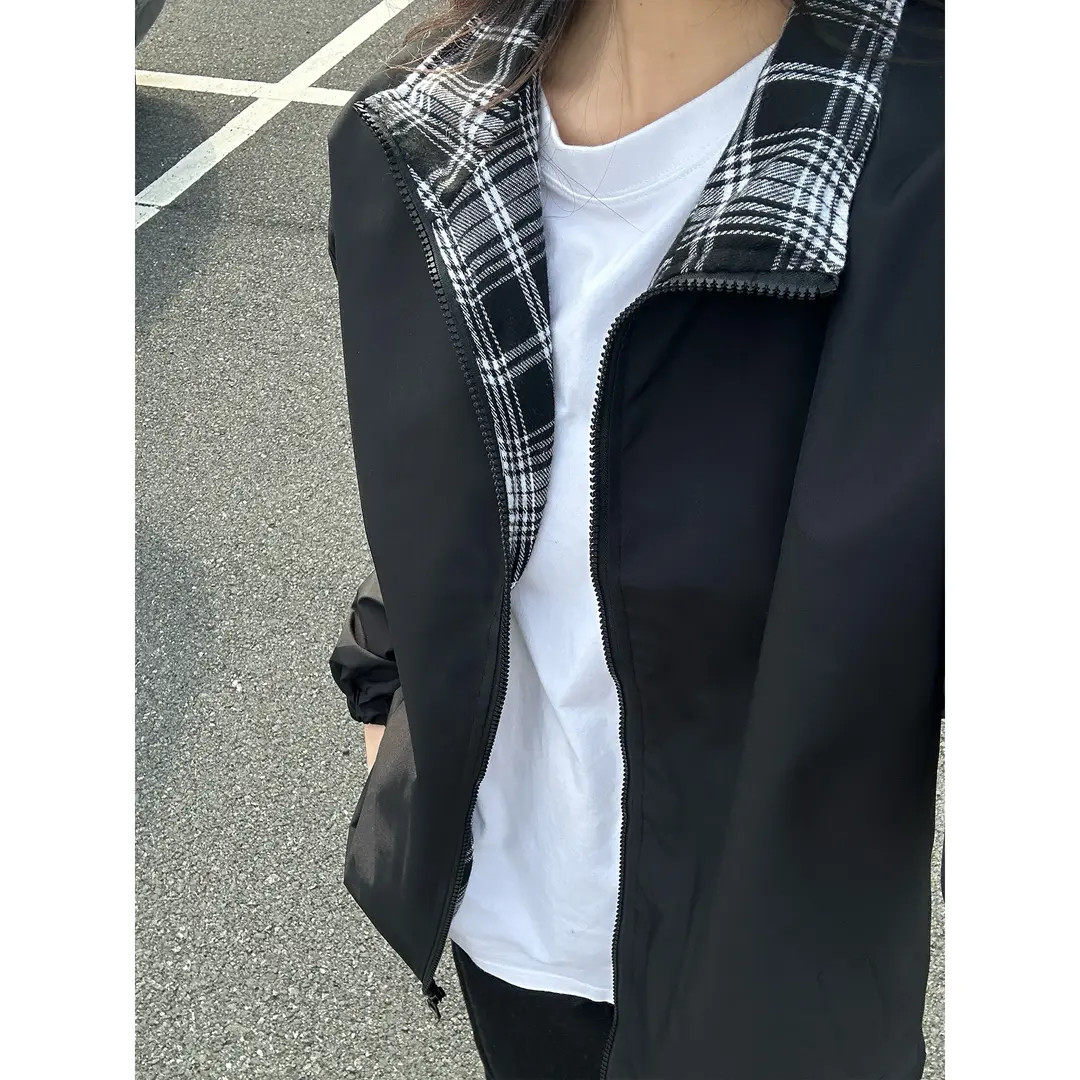美式复古格子拼接夹克男春夏季轻薄痞帅高级感翻领外套情侣防晒衣