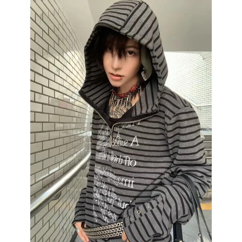 亚文化条纹连帽卫衣男女开秋季开衫外套半拉链y2k轻亚上衣