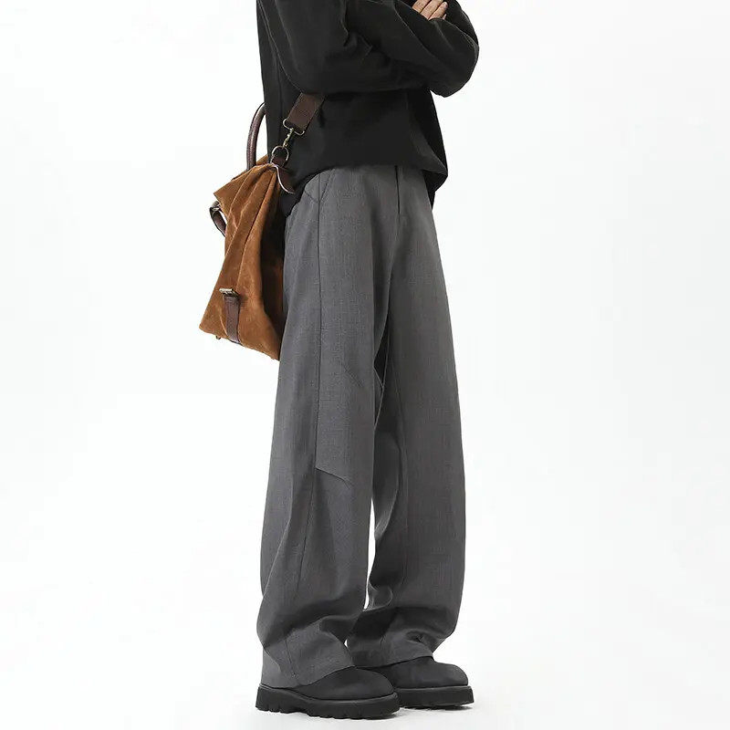 美式阔腿弯刀西裤男cleanfit高级垂坠感褶皱裤子宽松百搭休闲长裤