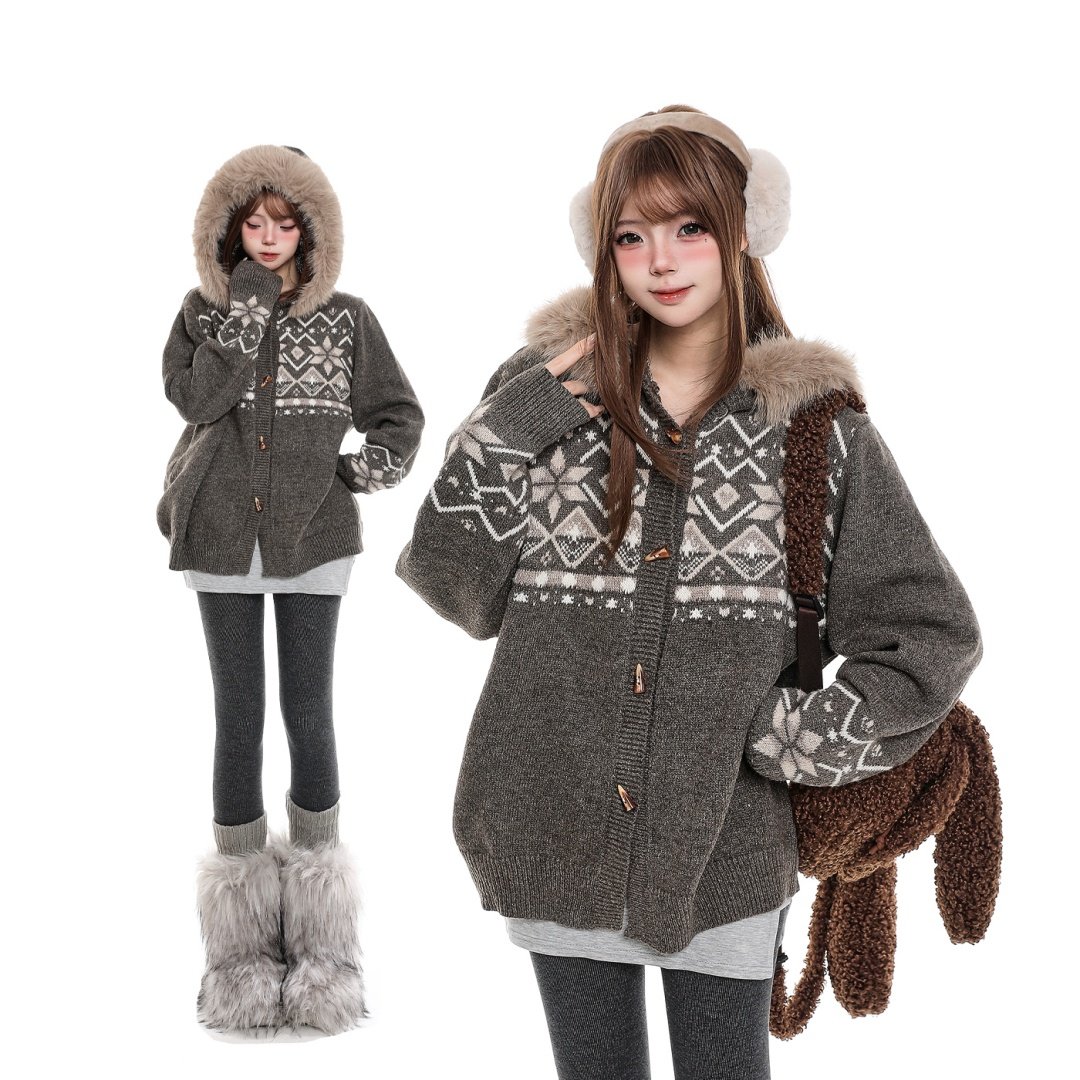 费尔岛复古毛领连帽针织衫男女秋冬季宽松休闲慵懒风毛衣开衫外套