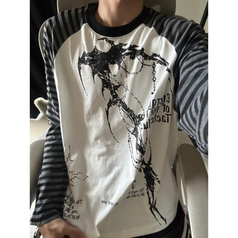 美式亚文化暗黑条纹印花宽松插肩长袖T恤衣服男女春秋