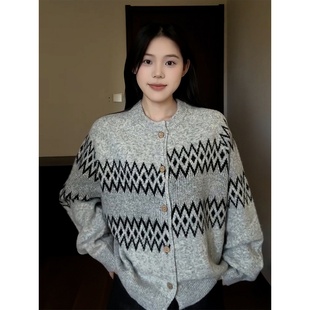 费尔岛错位提花毛衣男女秋冬季圆领针织衫宽松慵懒风软糯开衫外套