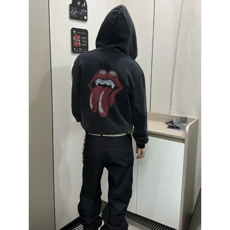 美式街头水洗“滚石红舌”做旧印花拉链开衫卫衣秋季复古短宽外套