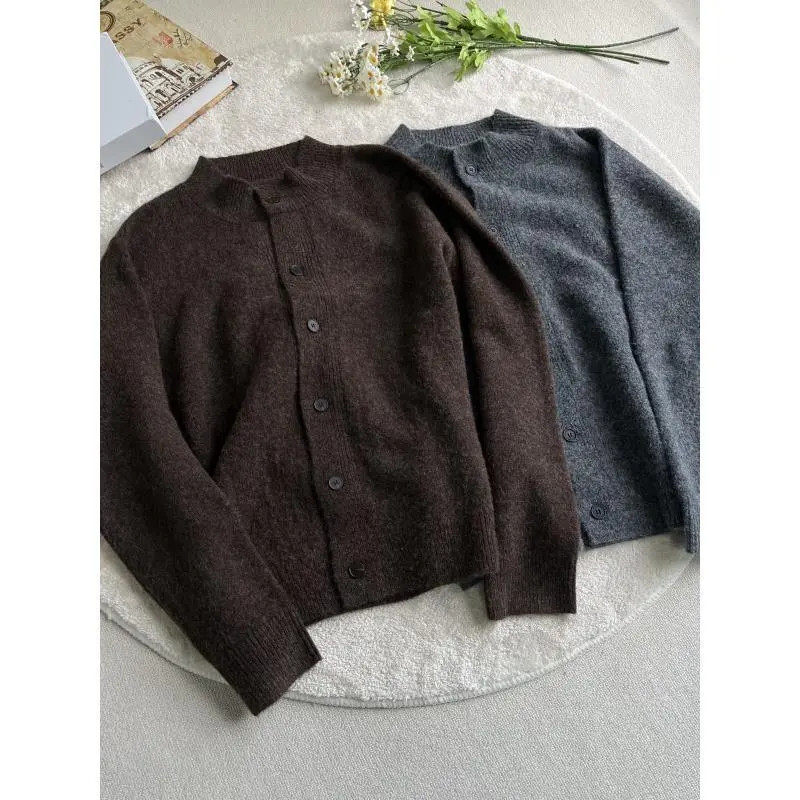 410 混纺半高领毛衣开衫外套老钱风棕色灰色百搭cleanfit针织衫男