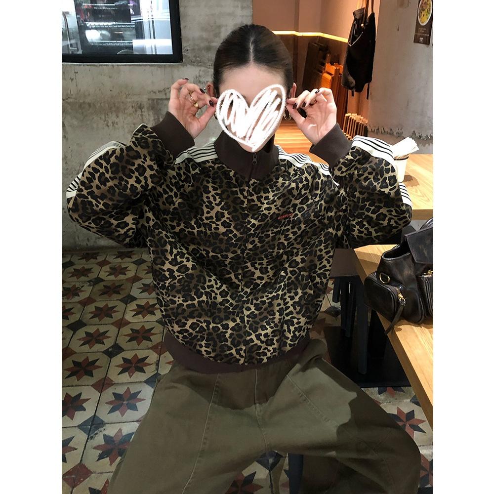 【工厂直发】美式复古豹纹外套男2026秋季宽松立领拉链开衫卫衣上