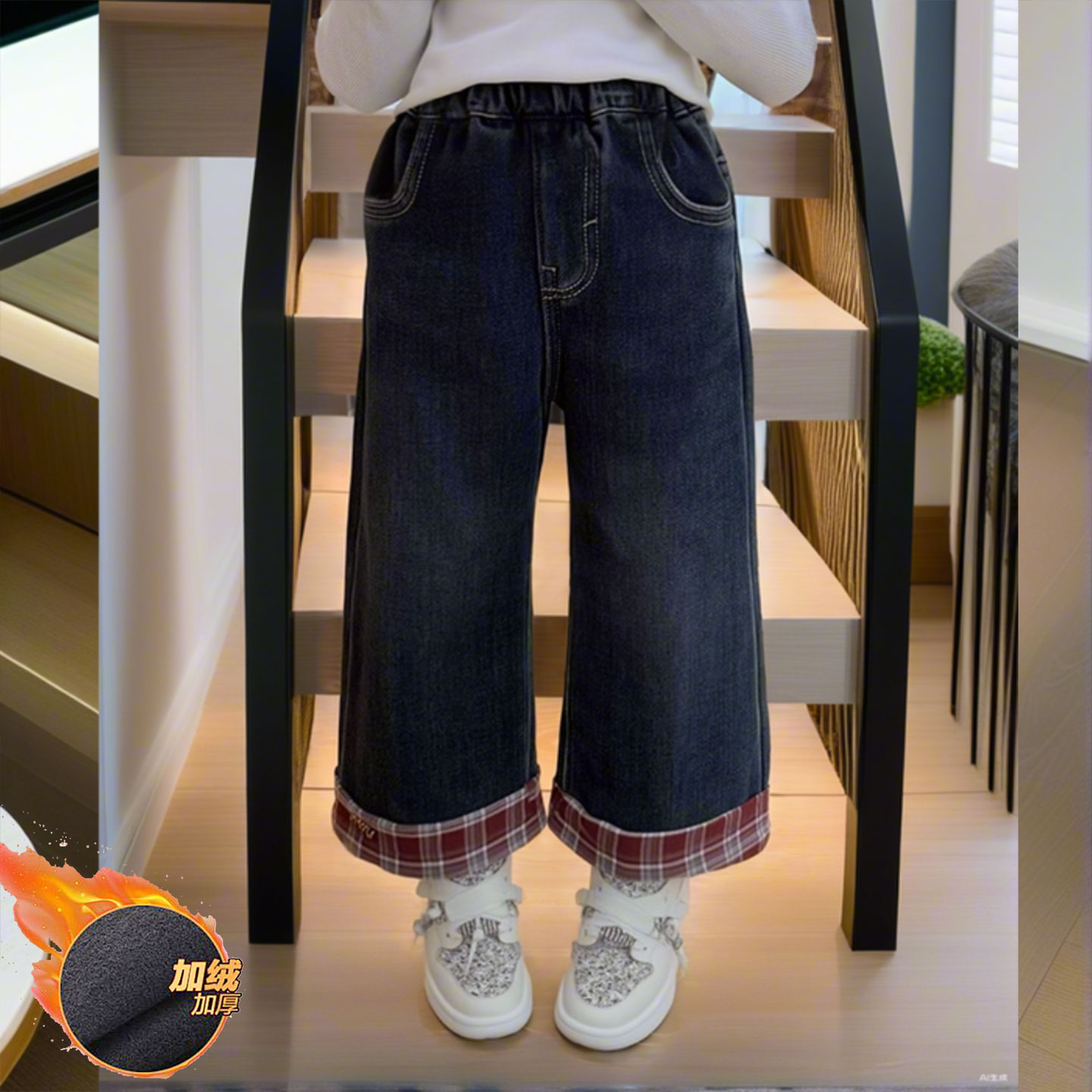 女童牛仔裤秋冬中小童加绒加厚阔腿裤冬天小学生冬季儿童直筒裤子