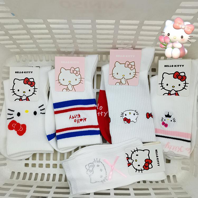 MINISO名创优品Hellokitty凯蒂猫红色系列刺绣长袜烫钻蝴蝶结袜子